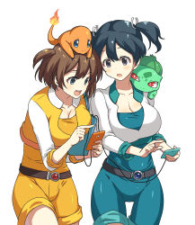 Rule 34 | 2girls, alternate color, alternate costume, animal, animal on head, animal on shoulder, aqua shirt, aqua shorts, belt, blue eyes, blue hair, breasts, brown hair, bulbasaur, cellphone, charmander, cleavage, cosplay, creatures (company), cropped jacket, female protagonist (pokemon go), female protagonist (pokemon go) (cosplay), flame-tipped tail, game freak, gen 1 pokemon, hair between eyes, hiryuu (kancolle), kantai collection, large breasts, looking down, makishima azusa, matching outfits, multiple girls, nintendo, on head, open mouth, orange shirt, orange shorts, phone, pokemon, pokemon (creature), pokemon go, pokemon on head, shiny clothes, shirt, short hair, short twintails, shorts, side ponytail, simple background, smartphone, souryuu (kancolle), thigh gap, twintails, white background