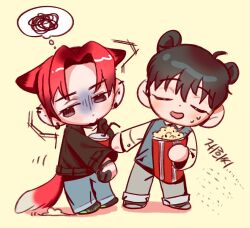 Rule 34 | 2boys, animal ears, black hair, black jacket, chibi, closed eyes, clothes grab, commentary request, cup, disposable cup, eoduun badaui deungbul-i doeeo, food, fox boy, fox ears, fox tail, full body, jacket, kemonomimi mode, kim jaehee, korean commentary, korean text, long sleeves, male focus, multiple boys, open mouth, pants, park moo-hyun, popcorn, red hair, short hair, simple background, sleeve grab, smile, squiggle, standing, sweat, tail, thought bubble, translation request, turn pale, us npius, yellow background