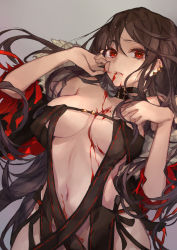 Rule 34 | 1girl, black dress, blood, blood from mouth, blood on breasts, blood on face, breasts, brown hair, center opening, choker, cleavage, commentary request, dress, earrings, fate/grand order, fate (series), fingers to cheek, fur collar, fur trim, grey background, highres, jewelry, long hair, looking at viewer, medium breasts, navel, parted lips, purin uni, red eyes, revealing clothes, solo, stomach, strapless, strapless dress, very long hair, yu mei-ren (fate)