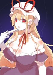 Rule 34 | 1girl, bare shoulders, blonde hair, breasts, choker, cleavage, colorized, dress, elbow gloves, gloves, gradient background, hat, hat ribbon, highres, huge breasts, long hair, looking at viewer, md5 mismatch, mob cap, off shoulder, parted lips, puffy sleeves, purple dress, red eyes, resized, ribbon, ribbon choker, sayakata katsumi, short sleeves, sketch, smile, solo, touhou, upper body, white gloves, yakumo yukari