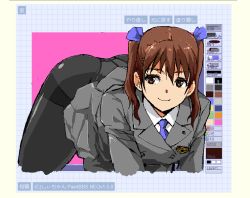 Rule 34 | 1girl, ass, bent over, black pantyhose, blue necktie, breasts, brown eyes, brown hair, closed mouth, commentary request, grey jacket, grey skirt, gun, gun girl (kamisimo 90), gusset, hair ribbon, jacket, kamisimo 90, leaning forward, long hair, looking at viewer, medium breasts, microsoft paint (software), mspaint, necktie, oekaki, original, paint, panties, panties under pantyhose, pantyhose, pleated skirt, ribbon, school uniform, shirt, short hair, short twintails, skirt, smile, solo, twintails, underwear, weapon, white shirt