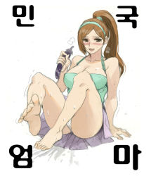 Rule 34 | 1girl, barefoot, breasts, eggplant, female focus, full body, korean text, mature female, min-gook&#039;s mother, panties, pussy juice, solo, sweat, tagme, underwear, white background