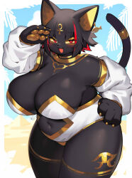 Rule 34 | 1girl, animal ears, ankh, arm up, black fur, black hair, blush, breasts, cat ears, cat girl, cat tail, claws, clothing cutout, commentary request, cowboy shot, curvy, dated, detached sleeves, earrings, egyptian, eye of horus, facial mark, fangs, fish earrings, forehead mark, furry, furry female, hand on own hip, heart, highres, huge breasts, jewelry, kishibe, leotard, looking at viewer, navel, navel cutout, original, palm leaf, pawpads, shading eyes, short hair, signature, skin fangs, smile, solo, tail, thick thighs, thighs, usekh collar