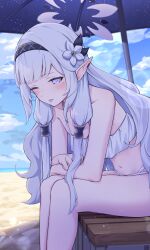 Rule 34 | 1girl, ;p, absurdres, alternate costume, beach, bikini, black hairband, blue archive, blue sky, blush, cloud, commentary request, day, flower, frilled bikini, frills, hair flower, hair ornament, hairband, halo, heimu (heim kstr), highres, himari (blue archive), long hair, looking at viewer, mole, mole under eye, navel, ocean, one eye closed, outdoors, parasol, pointy ears, purple halo, sitting, sky, solo, swimsuit, tongue, tongue out, umbrella, white bikini, white eyes, white flower, white hair