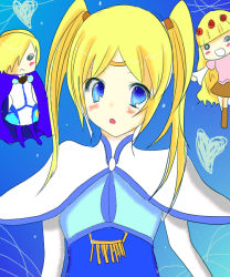 Rule 34 | 1boy, 2girls, blonde hair, blue background, blue eyes, blush, breasts, cape, capelet, fenimore, flower, hair over one eye, long hair, multiple girls, open mouth, rose, shirley fennes, short hair, skirt, tales of (series), tales of legendia, twintails, walter delques
