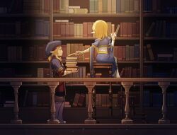 Rule 34 | 1boy, 1girl, beret, black pants, blonde hair, blue dress, blue eyes, blue headwear, blue tunic, book, book stack, bookshelf, boots, closed mouth, dress, expressionless, fingerless gloves, gloves, hairband, hat, highres, holding, holding book, indoors, library, link, long hair, looking at another, medium hair, nintendo, pants, pointy ears, ppp015, princess zelda, railing, royal guard set (zelda), the legend of zelda, the legend of zelda: breath of the wild, two-tone dress, white dress, white footwear, white gloves