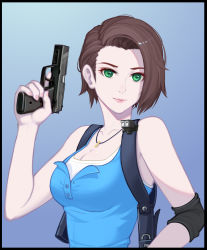 Rule 34 | 1girl, bare shoulders, blue background, breasts, brown hair, cleavage, green eyes, gun, handgun, highres, holding, holding gun, holding weapon, jill valentine, looking at viewer, medium breasts, moliai, pistol, resident evil, resident evil 3, resident evil 3: nemesis, short hair, solo, tank top, weapon