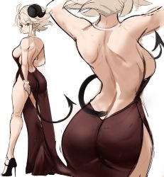 Rule 34 | 1girl, arm behind back, arms up, ass, backless dress, backless outfit, bare arms, bare back, bare legs, barefoot, blonde hair, breasts, choker, closed mouth, commentary, curled horns, dress, english commentary, from behind, full body, goat girl, goat horns, goat tail, high heels, highres, horns, large breasts, long dress, looking at viewer, looking back, no bra, original, photo-referenced, pointy ears, rakeemspoon, red dress, short hair, sideboob, simple background, solo, strapless, strapless dress, susan (rakeemspoon), toned, v-shaped eyebrows, white background, white choker