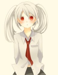 Rule 34 | .flow, 1girl, arms behind back, bad id, bad pixiv id, boriroba, expressionless, kaibutsu, long hair, necktie, red eyes, school uniform, solo, twintails, white hair