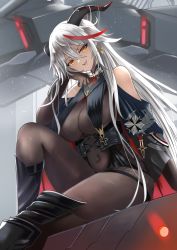 Rule 34 | 1girl, :d, aegir (azur lane), azur lane, bare shoulders, black footwear, black gloves, bodystocking, boots, breast curtains, breasts, corset, covered navel, cross, earrings, elbow gloves, gloves, hand on own cheek, hand on own face, highres, horns, iron cross, jewelry, knee boots, knee up, large breasts, long hair, looking at viewer, manjirou (manji illust), multicolored hair, open mouth, silver hair, sitting, smile, solo, streaked hair, teeth, two-tone hair, upper teeth only, v-shaped eyebrows, very long hair, yellow eyes