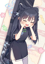 Rule 34 | 1girl, animal ears, black hair, blue archive, blush, candy, chinese clothes, commentary request, extra ears, closed eyes, fal (fal-se-0), food, weapon case, hair between eyes, hair ornament, happy, long hair, open mouth, shun (blue archive), shun (small) (blue archive), solo, thighhighs, white background, aged down