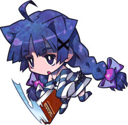 Rule 34 | 1girl, alice (criminal girls), book, bow, braid, bright pupils, chain, chibi, criminal girls, full body, hair bow, ichihaya, long hair, long sleeves, nippon ichi, official art, purple eyes, purple hair, simple background, sleeves past wrists, solo, striped clothes, striped thighhighs, thighhighs, twin braids