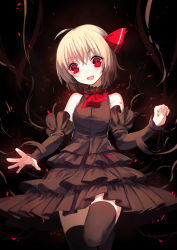 Rule 34 | 1girl, :d, ahoge, alternate costume, ascot, black dress, black thighhighs, blonde hair, cowboy shot, detached sleeves, dress, fangs, frilled dress, frills, hair ribbon, head tilt, highres, leg up, long sleeves, looking at viewer, open mouth, red ascot, red eyes, red ribbon, ribbon, rumia, sh (shinh), short hair, smile, solo, standing, teeth, thighhighs, touhou, zettai ryouiki