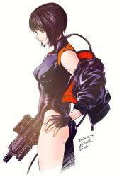 Rule 34 | 1girl, 2020, ass, bare shoulders, belt, black footwear, black gloves, black leotard, boots, breasts, curvy, dated, expressionless, fingerless gloves, ghost in the shell, ghost in the shell: sac 2045, gloves, hair between eyes, highleg, highleg leotard, holding, holding weapon, kusanagi motoko, leotard, lips, looking at viewer, looking to the side, official art, purple eyes, purple hair, short hair, simple background, sleeveless, solo, weapon, wide hips