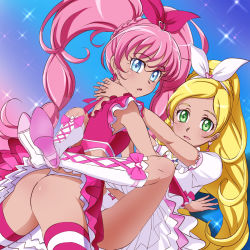 Rule 34 | 10s, 2girls, ass, bad id, bad pixiv id, blonde hair, blue eyes, boots, bow, braid, couple, cure melody, cure rhythm, dress, earrings, frills, gradient background, green eyes, hair ornament, hair ribbon, heart, highres, houjou hibiki, jewelry, knee boots, leg lock, long hair, looking at viewer, lying, magical girl, minamino kanade, mont blanc (heartcatch ayaya), multiple girls, open mouth, panties, pink bow, pink hair, pink legwear, ponytail, precure, revision, ribbon, shirt, single braid, skirt, suite precure, surprised, thong, twintails, underwear, white dress, yuri