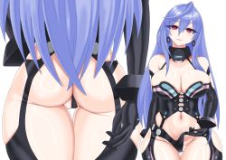 Rule 34 | 1girl, :d, arm behind back, ass, bare shoulders, black gloves, black leotard, blue hair, blush, breasts, cleavage, close-up, clothing aside, cowboy shot, elbow gloves, gloves, groin, hair between eyes, head tilt, highres, hip focus, iris heart, kami jigen game neptune v, large breasts, leotard, leotard aside, long hair, midriff, multiple views, navel, neptune (series), open mouth, parted lips, partially visible vulva, pink eyes, polyester (esteru-2383), power symbol, power symbol-shaped pupils, pulled by self, pururut, shaped pupils, simple background, skindentation, smile, solo, symbol-, symbol-shaped pupils, teasing, thigh gap, thighs, very long hair, white background