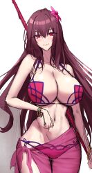 Rule 34 | 1girl, absurdres, bare shoulders, bikini, bracelet, breasts, cleavage, collarbone, fate/grand order, fate (series), flower, gae bolg (fate), hair between eyes, hair flower, hair ornament, hibiscus, highres, jewelry, large breasts, long hair, looking at viewer, navel, polearm, purple bikini, purple hair, red eyes, sarong, scathach (fate), scathach (fate/grand order), scathach (swimsuit assassin) (fate), shiroshisu, sketch, smile, solo, spear, swimsuit, thighs, weapon