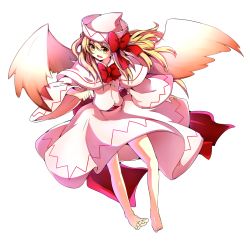 Rule 34 | 1girl, baba (baba seimaijo), barefoot, blonde hair, bow, bowtie, capelet, dress, fairy wings, full body, hat, hat bow, highres, lily white, long hair, long sleeves, open mouth, smile, solo, tachi-e, touhou, transparent background, white dress, wide sleeves, wings, yellow eyes