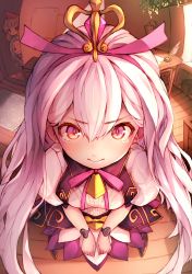 Rule 34 | 3girls, athena (granblue fantasy), blush, carpet, commentary request, desk, foreshortening, from above, frown, granblue fantasy, hair between eyes, headpiece, highres, indoors, layered skirt, light purple hair, long hair, looking at another, looking at viewer, lyria (granblue fantasy), medusa (shingeki no bahamut), miniskirt, multiple girls, peeking out, perspective, plant, pointy ears, puffy short sleeves, puffy sleeves, red eyes, shadowverse, shingeki no bahamut, shirt, short sleeves, skirt, slit pupils, solid oval eyes, standing, sunlight, tears, unusablenameaaa, v arms, very long hair, wavy hair, white shirt, wooden floor