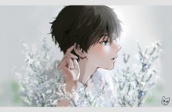 Rule 34 | 1boy, black hair, blurry, flower, from side, green eyes, hair between eyes, hand up, highres, hyouka, letterboxed, male focus, mery (yangmalgage), open mouth, oreki houtarou, profile, shirt, solo, upper body, white flower