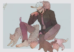 Rule 34 | 1boy, absurdres, animal, animal on shoulder, arm up, barefoot, black shirt, blonde hair, cat, collared shirt, donquixote doflamingo, earrings, eyes visible through eyewear, highres, jewelry, looking at another, male focus, necktie, one piece, parted lips, red necktie, shirt, short hair, signature, sitting, sk c ii, sunglasses