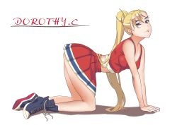 Rule 34 | 1girl, all fours, blonde hair, blue eyes, breasts, character name, cheerleader, curry (dbt), dorothy catalonia, eyebrows, forked eyebrows, gundam, gundam wing, legs, light smile, long hair, looking at viewer, midriff, ponytail, solo, thighs, very long hair