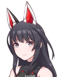 Rule 34 | 1girl, agatsuma kaede, alice gear aegis, artist name, black hair, blush, closed mouth, collarbone, disco brando, extra ears, grey eyes, highres, looking at viewer, simple background, sleeveless, smile, solo, twitter username, upper body, white background