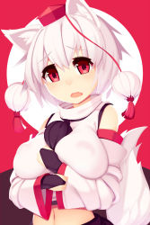 Rule 34 | 1girl, albino, animal ears, black gloves, breasts, detached sleeves, covered erect nipples, fang, gloves, hat, inubashiri momiji, japanese clothes, large breasts, long sleeves, looking at viewer, midriff, mikan (bananoha), navel, open mouth, pom pom (clothes), red eyes, shirt, short hair, solo, string, tail, tokin hat, touhou, upper body, white hair, wide sleeves, wolf ears, wolf tail