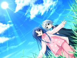 Rule 34 | 2girls, :d, black footwear, blue eyes, blue skirt, blue sky, blush, bow, buttons, cloud, day, dutch angle, from below, grass, green eyes, hair bow, hair intakes, jacket, lens flare, light rays, long hair, long sleeves, looking at viewer, looking down, multiple girls, open clothes, open jacket, open mouth, outdoors, outstretched arms, pajamas, parted bangs, pink jacket, polka dot, shoes, short hair with long locks, silver hair, skirt, sky, smile, sora (stellar theater), stellar theater, sun, sunbeam, sunlight, suzuhira hiro, white bow