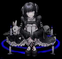 Rule 34 | 1girl, 402 (o0 xxx), absurdres, black dress, black footwear, black hair, black skirt, boots, candle, dress, frilled skirt, frills, full body, goth fashion, gothic lolita, highres, lolita fashion, long hair, long sleeves, looking at viewer, original, rabbit, ribbon, skirt, skull, smile, solo, thighhighs, twintails, white eyes, white ribbon, white thighhighs