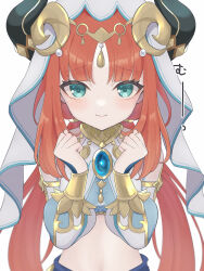 Rule 34 | 1girl, :i, absurdres, aqua eyes, brooch, commentary request, crop top, fake horns, genshin impact, highres, horns, jewelry, long hair, long sleeves, looking at viewer, midriff, neck ring, nilou (genshin impact), red hair, simple background, solo, stomach, upper body, ura (hamburg oniku), veil, very long hair, white background