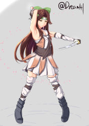 Rule 34 | 1girl, absurdres, black footwear, black necktie, bow, brown eyes, brown hair, cherry blossoms, closed mouth, dream41, elbow gloves, forehead protector, gloves, green bow, grey background, hachimaki, hair intakes, half updo, headband, highres, holding, holding sword, holding weapon, jintsuu (kancolle), kantai collection, long hair, necktie, school uniform, sleeveless, sword, twitter username, weapon, white gloves, white legwear
