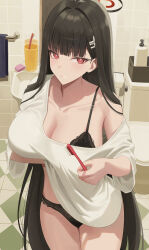 Rule 34 | 1girl, absurdres, bathroom, black hair, blue archive, blunt bangs, blush, bra, breasts, collarbone, hair ornament, hairclip, halo, highres, holding, holding toothbrush, indoors, lace, lace-trimmed bra, lace-trimmed panties, lace trim, large breasts, leavv, long hair, long sleeves, looking at viewer, mirror, panties, red eyes, rio (blue archive), shirt, single bare shoulder, sink, solo, toothbrush, toothpaste, towel rack, underwear, very long hair