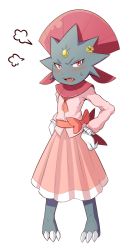 Rule 34 | puff of air, blush, bow, clothed pokemon, creatures (company), drawfag, dress, fang, game freak, gen 4 pokemon, hair ornament, hands on own hips, jalm, nintendo, no humans, open mouth, pink bow, pink dress, pokemon, pokemon (creature), red eyes, solo, standing, weavile, white background