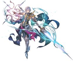 Rule 34 | 1boy, armor, blue eyes, boots, cape, full body, gauntlets, granblue fantasy, grimnir (granblue fantasy), heterochromia, lance, minaba hideo, official art, pointy ears, polearm, red eyes, shoulder armor, silver hair, smile, transparent background, weapon, wind