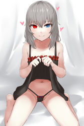 Rule 34 | 1girl, aged down, bare shoulders, black dress, black panties, blue eyes, breasts, closed mouth, clothes lift, collarbone, dress, dress lift, eden grenze, grey hair, heart, heterochromia, kageshio (276006), looking at viewer, medium hair, panties, red eyes, silver (eden), sitting, small breasts, smile, solo, thighs, underwear, wariza