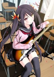 Rule 34 | 1girl, bad id, bad pixiv id, black hair, black thighhighs, chair, chm (macharge), curtains, electric guitar, guitar, heterochromia, instrument, long hair, long sleeves, original, petals, red eyes, school uniform, solo, table, thighhighs, twintails, very long hair, window, yellow eyes