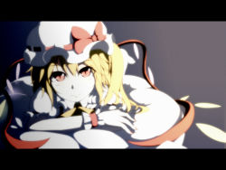 Rule 34 | 1girl, anime coloring, arm support, bad id, bad pixiv id, blonde hair, bloom, bow, dise (psychoro), female focus, flandre scarlet, hat, letterboxed, looking at viewer, lying, nail polish, pillow, red eyes, red nails, slit pupils, solo, touhou, wallpaper, wings, wrist cuffs