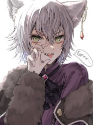 Rule 34 | 1girl, animal ears, ascot, commentary request, fang, fingernails, fur trim, green eyes, green hair, hinomori shiho, long sleeves, mikeimikei, official alternate costume, project sekai, solo, speech bubble, teeth, tongue, tongue out, upper body, upper teeth only, white background, wolf ears, wolf girl, zekkyou!? ookami no mori e youkoso! (project sekai)