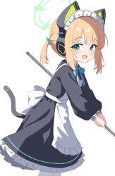 Rule 34 | 1girl, absurdres, animal ear headphones, animal ears, apron, black dress, blonde hair, blue archive, blue ribbon, blush, cat tail, commentary, dress, fake animal ears, frilled apron, frilled dress, frills, green eyes, headphones, highres, long sleeves, looking at viewer, maid, maid apron, maid headdress, midori (blue archive), midori (maid) (blue archive), neck ribbon, official alternate costume, open mouth, puffy long sleeves, puffy sleeves, ribbon, short hair, simple background, smile, solo, tail, white apron, white background, yukisiannn