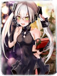 Rule 34 | 1girl, absurdres, blush, chinese commentary, christmas, christmas tree, cleavage cutout, clothing cutout, commentary request, cowboy shot, destroyer (girls&#039; frontline), gift, girls&#039; frontline, gloves, hair between eyes, twirling hair, highres, hip vent, outline, sangvis ferri, solo, twintails, wavy mouth, white hair, yellow eyes