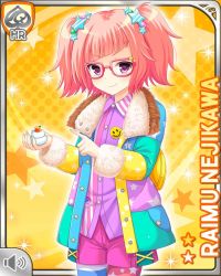 Rule 34 | 1girl, asymmetrical legwear, character name, closed mouth, coat, crossed arm, food, fur collar, girlfriend (kari), glasses, hair ornament, holding, looking at viewer, medium hair, mismatched legwear, mochi, nejikawa raimu, official art, pink hair, pocket, purple eyes, purple shirt, qp:flapper, shirt, shoes, skates, smile, sneakers, solo, standing, tagme, tool, twintails, winter clothes, winter coat, yellow background