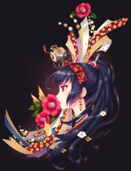 Rule 34 | 1girl, black background, black hair, bow, brown flower, closed mouth, commentary request, earrings, flower, hair bow, hair ornament, high ponytail, highres, jewelry, long hair, looking away, nishimura eri, original, ponytail, portrait, profile, red bow, red eyes, red flower, red lips, signature, solo, spinning top, yellow flower