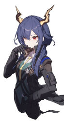 Rule 34 | 1girl, absurdres, arknights, beudelb, black gloves, black jacket, black pants, blue hair, ch&#039;en (arknights), commentary request, cropped legs, dragon horns, gloves, green necktie, green vest, hair between eyes, hand up, highres, horns, jacket, long hair, low twintails, necktie, official alternate costume, open clothes, open jacket, pants, red eyes, simple background, solo, standing, twintails, vest, white background