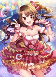 Rule 34 | 10s, 1girl, brown eyes, brown hair, bubble, flower, gloves, highres, idolmaster, idolmaster cinderella girls, idolmaster cinderella girls starlight stage, long hair, microphone, one side up, open mouth, puffy sleeves, shimamura uzuki, smile, solo, songmil, v