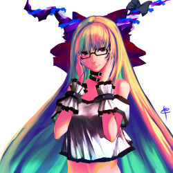 Rule 34 | 1girl, alternate costume, bad id, bad pixiv id, bespectacled, black-framed eyewear, glasses, green hair, hair ornament, hair ribbon, highres, horn ornament, horn ribbon, horns, ibuki suika, long hair, looking at viewer, midriff, multicolored hair, off shoulder, orange hair, ribbon, shirt, short sleeves, simple background, solo, t-shirt, touhou, upper body, white background, wrist cuffs, zhanhan