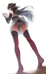 Rule 34 | 10s, 1girl, ass, brown hair, clipboard, failure penguin, from below, headgear, holding, kabocha, kabocha (monkey4), kantai collection, long hair, looking at viewer, miss cloud, nagato (kancolle), no shoes, panties, perspective, pleated skirt, red eyes, skirt, solo, standing, thighhighs, underwear, upskirt, white background