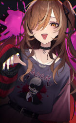 Rule 34 | 1girl, absurdres, aotake iro, black choker, black hair, black nails, black shirt, black sweater, brown eyes, brown hair, choker, dark background, fingernails, hand up, heart, heart choker, highres, hololive, hololive english, jewelry, lace, lace choker, looking at viewer, multicolored hair, nail polish, nanashi mumei, nanashi mumei (emo), necklace, nightmare (nanashi mumei), official alternate costume, parted bangs, piercing, print shirt, red sweater, shirt, sleeves past wrists, solo, streaked hair, striped clothes, striped sweater, sweater, tongue, tongue out, tongue piercing, two-tone sweater, upper body, virtual youtuber, white hair