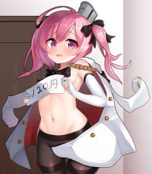 Rule 34 | 1girl, 2drr, ahoge, armband, azur lane, black bow, black bowtie, black outline, black pantyhose, black ribbon, blush, bow, bowtie, breasts, buttons, cowboy shot, door, elbow gloves, embarrassed, gloves, groin, hair between eyes, hair bow, hair ribbon, headgear, holding, indoors, jacket, long hair, looking at viewer, navel, no shirt, open clothes, open jacket, open mouth, outline, pantyhose, pink eyes, pink hair, ribbon, saratoga (azur lane), shiny clothes, shiny skin, sidelocks, small breasts, solo, standing, stomach, tears, thigh gap, thighband pantyhose, translated, twintails, unbuttoned, white gloves, white jacket