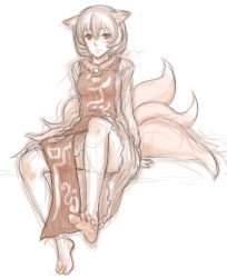 Rule 34 | 1girl, barefoot, dress, feet, fox tail, full body, highres, kuro suto sukii, limited palette, monochrome, multiple tails, sepia, simple background, sitting, solo, tabard, tail, toes, touhou, white background, yakumo ran